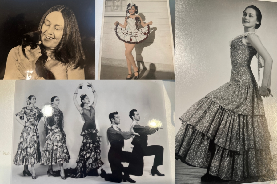 A collage of black-and-white and sepia-toned photographs shows a woman in vintage dresses and performance poses, including dancing, posing solo in a tiered gown, and interacting with partners in staged scenes.