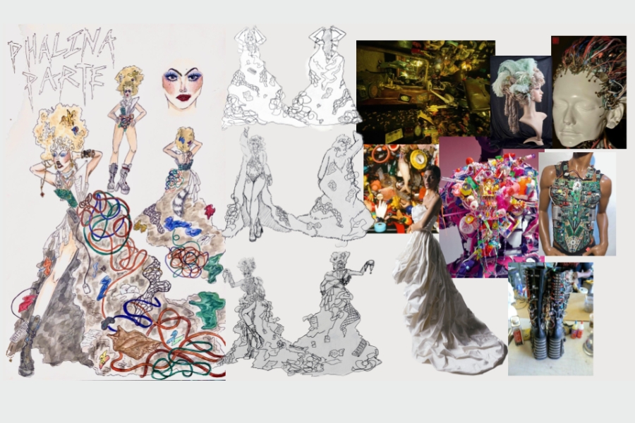 A collage-style image shows fashion design sketches of figures in elaborate costumes alongside reference photos of sculptural garments, masks, textured materials, and colorful installations, suggesting a visual mood board for an experimental fashion or performance project.