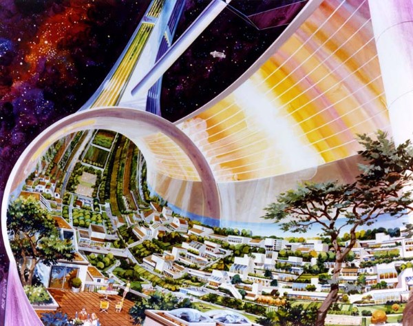A futuristic illustrated city curves into a circular, tunnel-like structure, blending green landscapes, modern architecture, and a star-filled sky in a vibrant, imaginative scene.