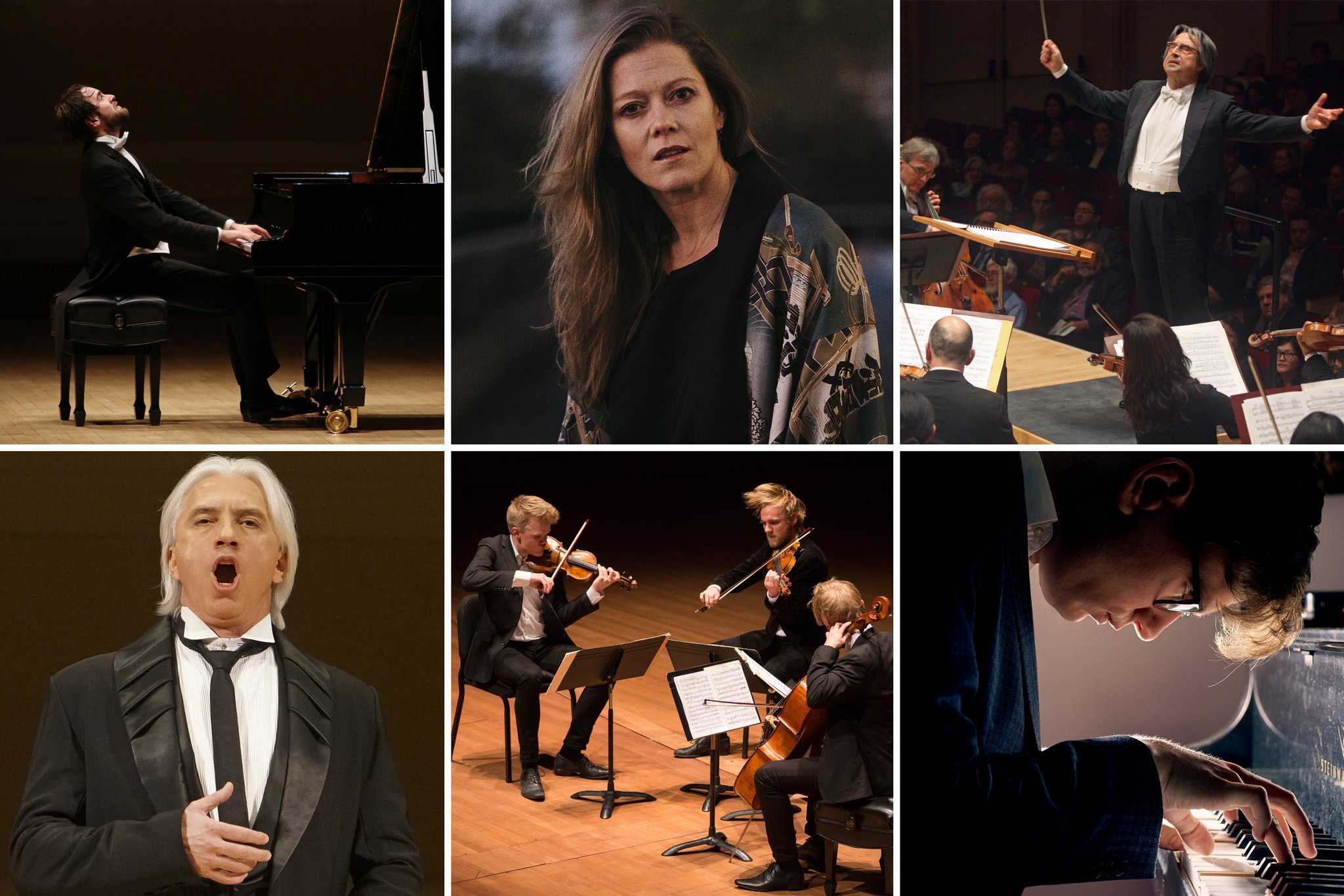 A six-panel collage featuring performing artists in classical music settings. The images include a pianist at a grand piano, a woman in a candid portrait, a conductor leading an orchestra, an opera singer mid-aria, a string quartet performing on stage, and a close-up of a musician playing piano under dramatic lighting, collectively highlighting different facets of concert performance and musicianship.
