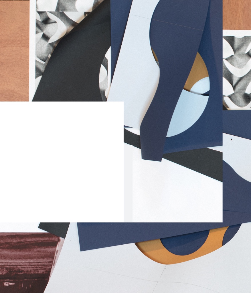 An abstract composition made of overlapping geometric shapes and fragments in muted tones of navy blue, white, tan, gray, and black. Curved and angular forms intersect with textured photographic elements, while a large white rectangular block obscures part of the center, creating a layered, collage-like visual effect.