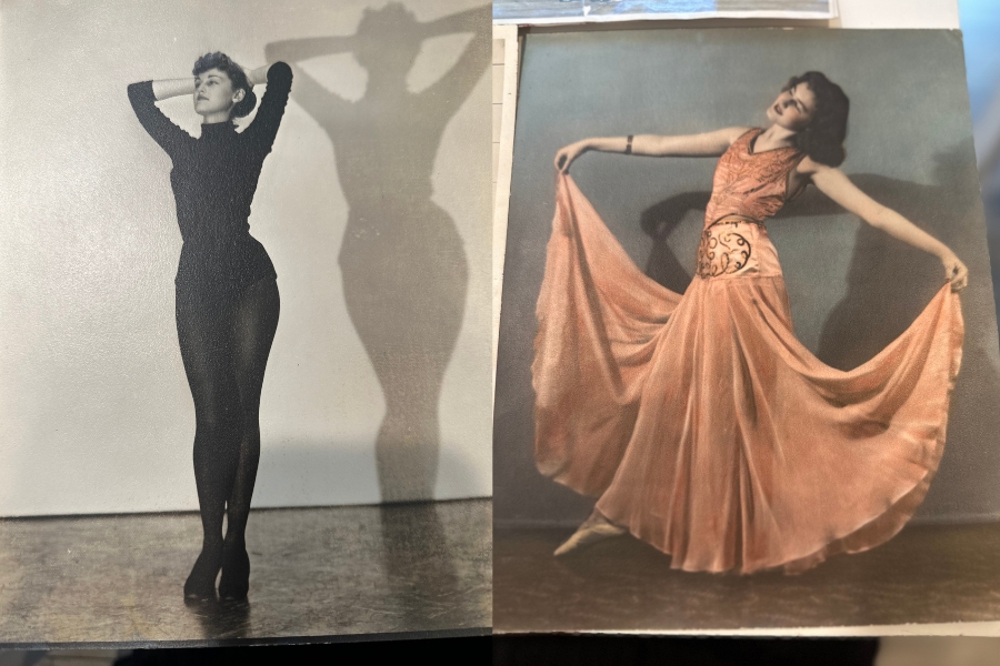 Side-by-side images of a dancer: on the left, a person in a black bodysuit poses with arms raised, casting a dramatic shadow; on the right, a dancer in a flowing peach gown lifts the skirt outward in an elegant, balletic pose against a studio backdrop.