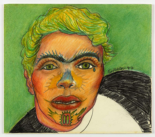 A colorful portrait illustration shows a person’s face against a green background. The figure has short green hair, thick dark eyebrows, and expressive eyes. Bold, painterly markings in yellow, blue, and orange accent the nose, cheeks, and chin, with decorative shapes and patterns layered over the skin. The style is graphic and textured, with visible linework and shading.