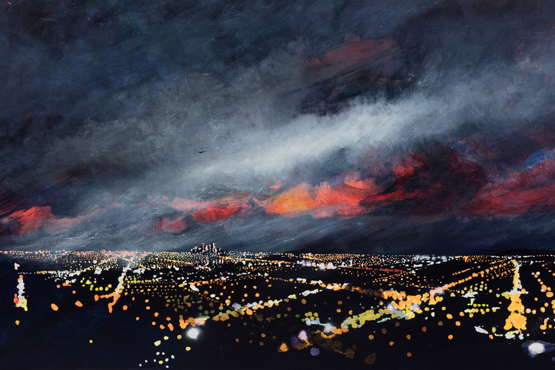 A painting depicts a nighttime cityscape seen from above, with clusters of glowing lights spread across the landscape. Above the city, a dramatic sky of dark blues and grays is streaked with bands of red and orange clouds, creating a sense of movement and contrast.