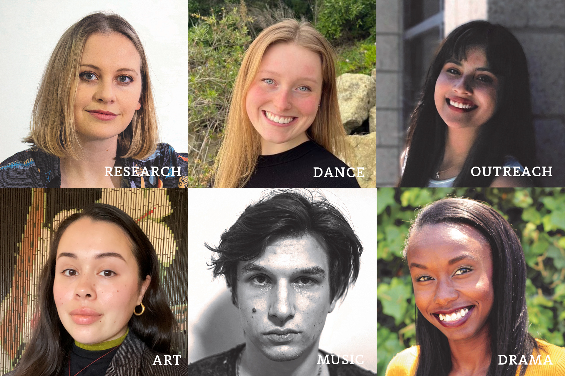 A collage of six headshots arranged in two rows of three. Each portrait shows a different person smiling or looking calmly toward the camera. White text labels appear over the images reading “Research,” “Dance,” “Outreach,” “Art,” “Music,” and “Drama,” identifying each person’s focus area. The backgrounds vary between outdoor greenery and neutral indoor settings.
