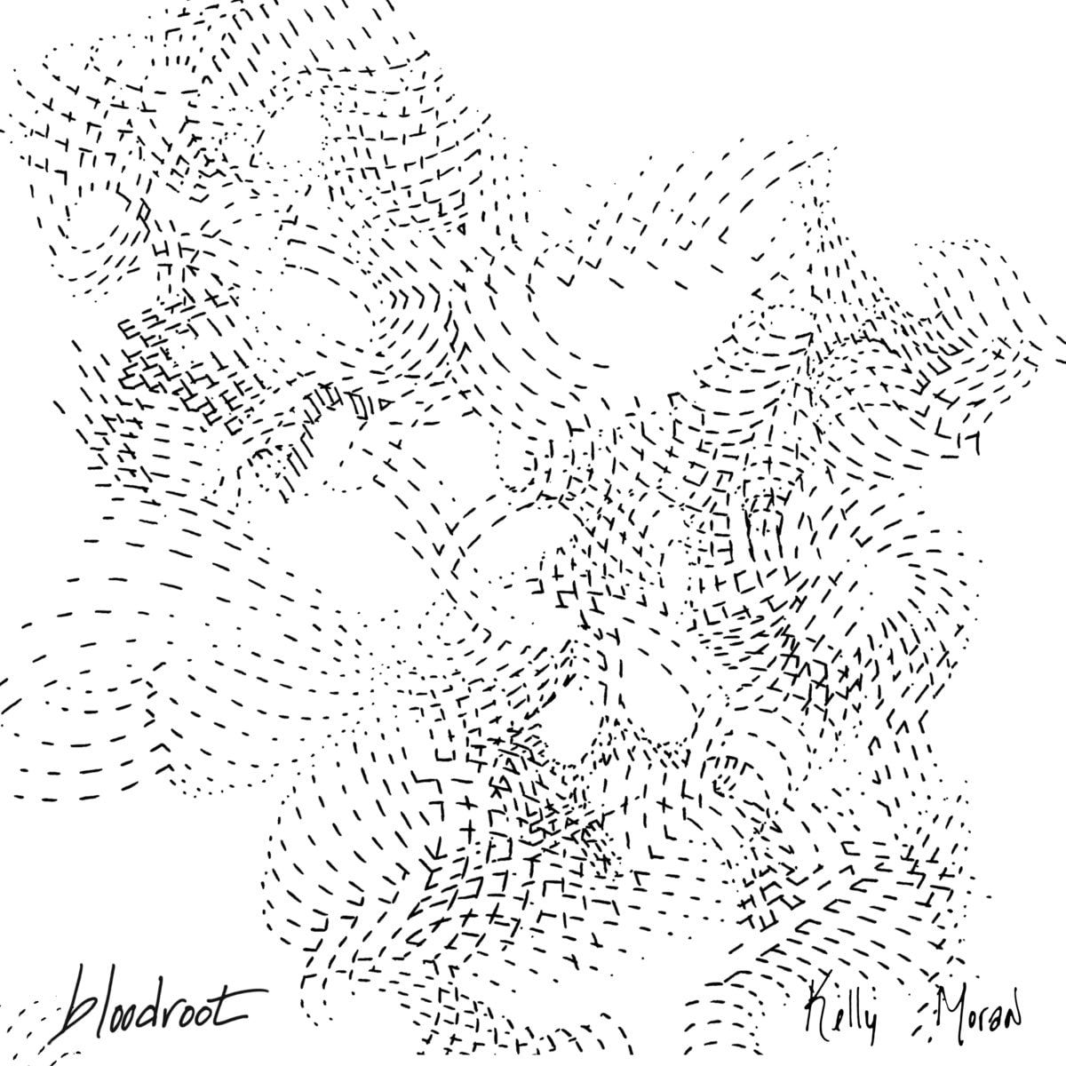 An abstract black-and-white artwork composed of hundreds of short, curved dash marks forms swirling, organic patterns across a white background. The marks cluster and disperse to suggest movement and texture rather than a single clear figure, with handwritten text reading “bloodroot” and the artist’s name in the lower corners.