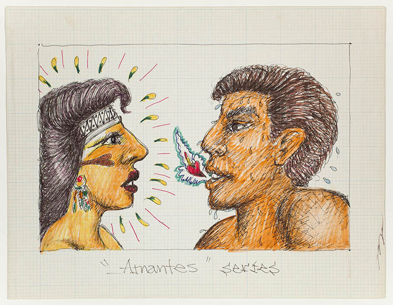 A hand-drawn illustration shows two stylized profiles facing each other on graph paper. One figure exhales a small bird toward the other, with expressive linework and warm tones, and handwritten text beneath the drawing.