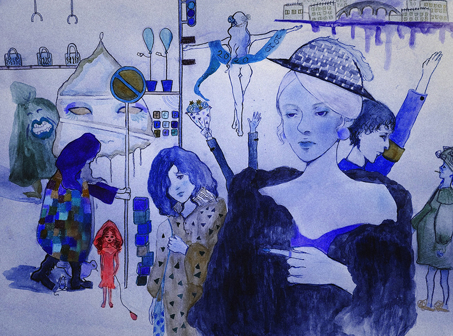 An illustrated scene in cool blue tones shows multiple stylized figures layered across a city-like setting. The central figure faces forward in dark clothing, while surrounding characters gesture, walk, and interact among buildings, signs, and abstract details.