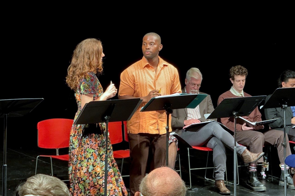 Anna Marjorie Fitzgerald and Julian Tushabe perform in the staged reading of Arcadia as part of the programming for the Beall Center for Art + Technology.