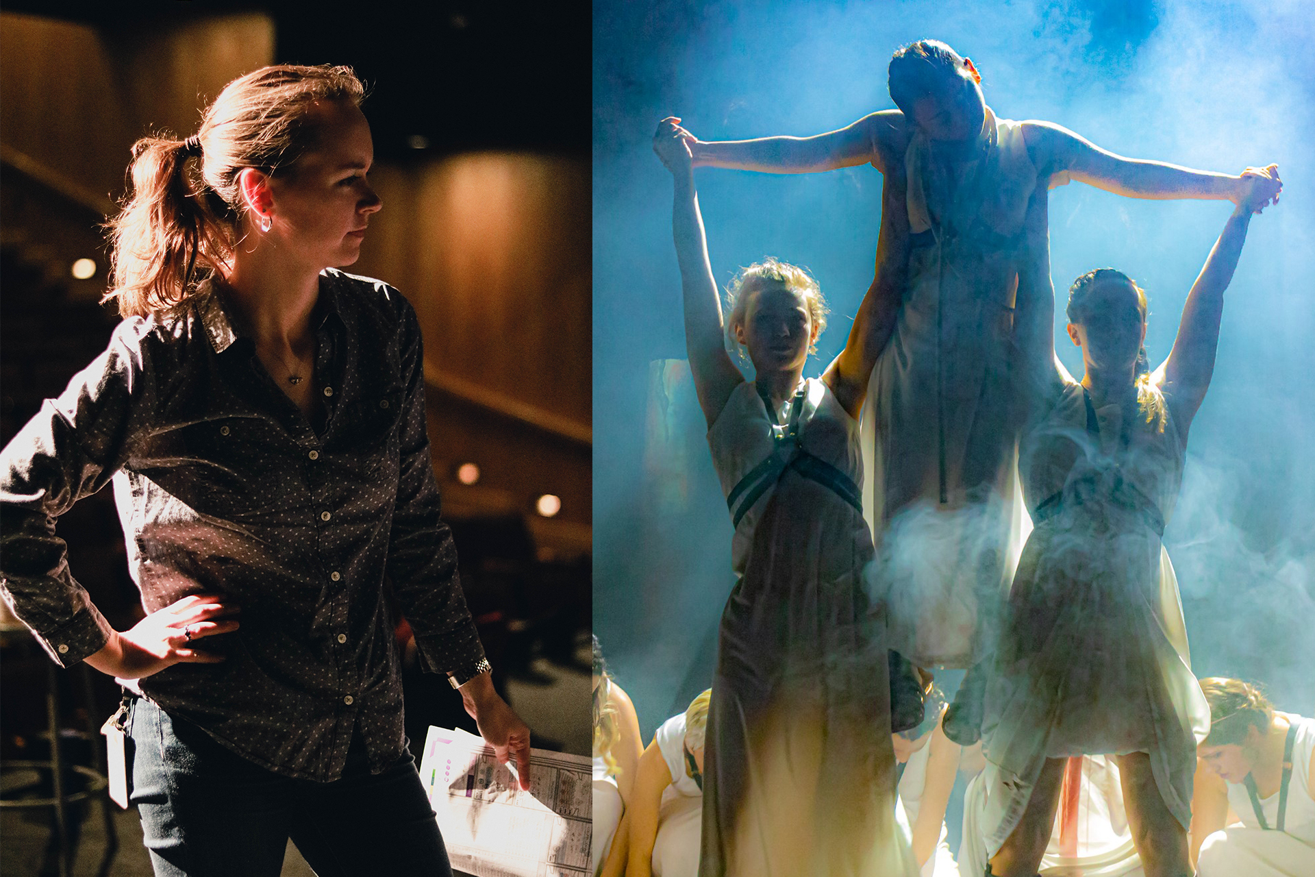 Split image showing, on the left, a person standing in a theater space holding papers and looking toward a stage, and on the right, a stage performance with performers lifting another performer under dramatic lighting and haze.