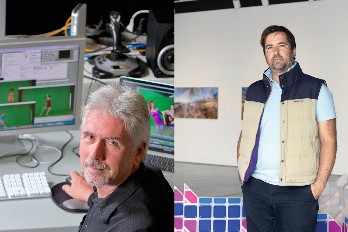 Professor John Crawford (left) in the Motion Capture Studio at CTSA. Associate Dean, Research and Innovation Jesse Colin Jackson in the Great Park Gallery during his solo exhibition Urban Ecologies In Irvine.