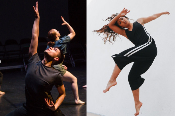 Side-by-side images of contemporary dancers mid-movement: one showing multiple performers reaching upward on a dark stage, and the other featuring a solo dancer leaping against a white background.