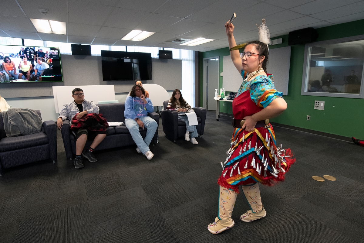  Lame Deer High School student Shandiin Kaline, from the Northern Cheyenne Indian Reservation in Montana, demonstrates freestyle Jingle Dress Dance at CTSA.