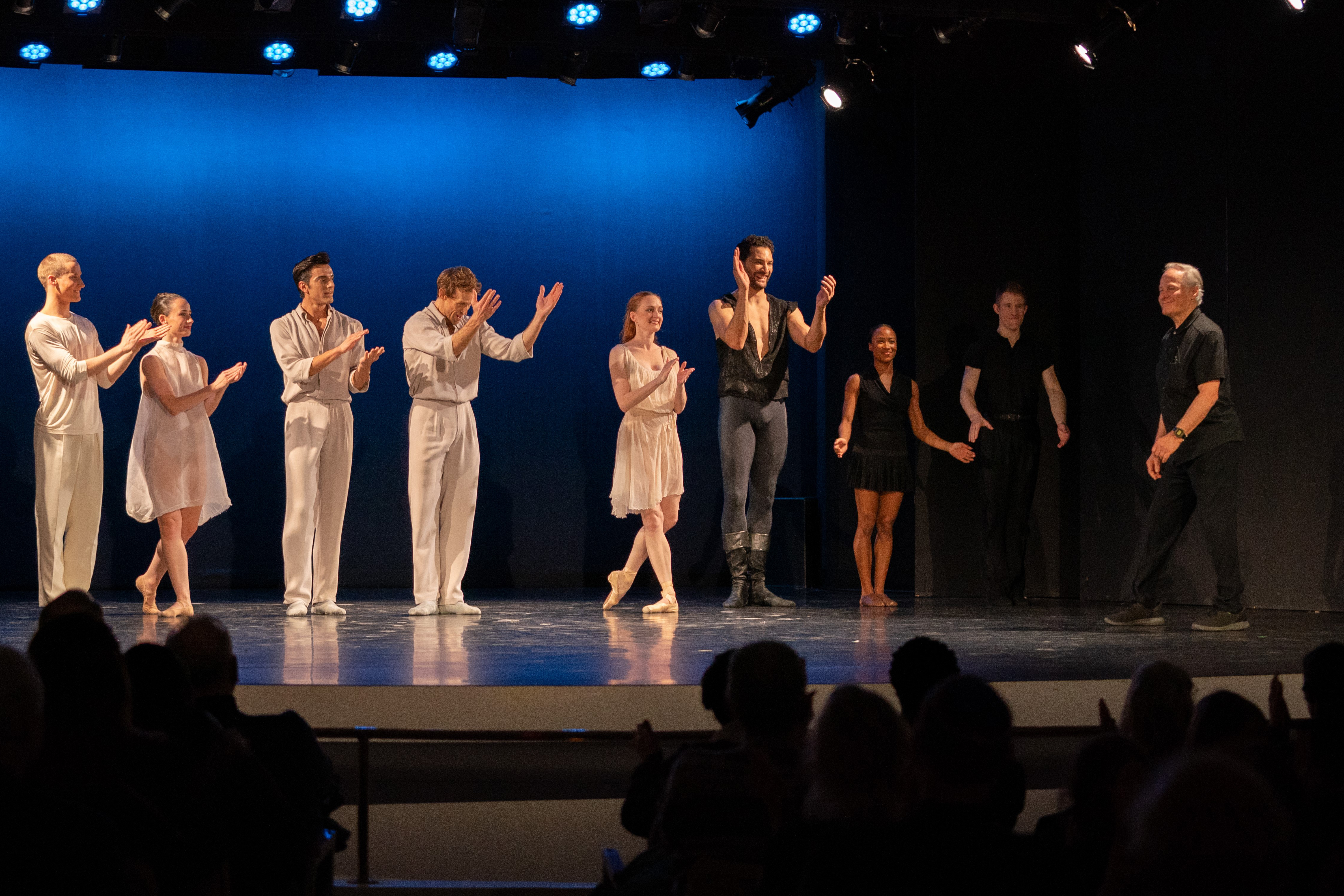 Lar Lubovitch (far right) prepares to take a bow at the "Works & Process: Lar Lubovitch at 80: Art of the Duet" performance at the Guggenheim Museum in New York City. Photo by Erick Munari