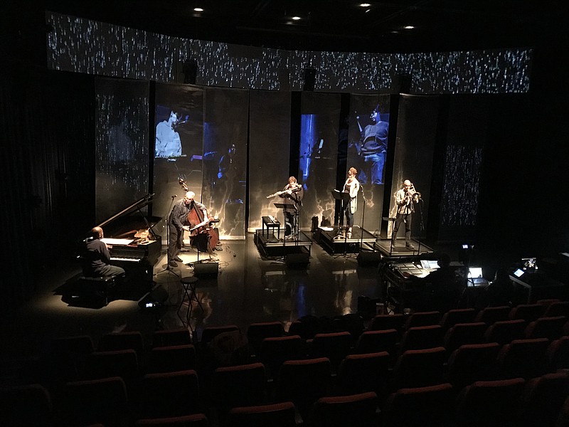 Technical rehearsal for "Changing Tides II — A Telematic Translocational Concert" at the Conrad Presby Experimental Theatre at UC San Diego.