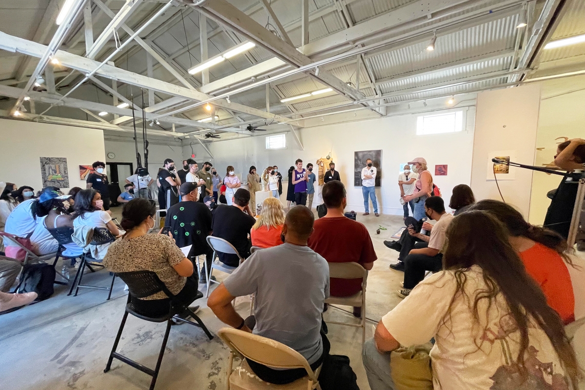 The Quadruple gathering on June 5, 2022, brought together 33 M.F.A. students from UC Irvine, UC Riverside, UC San Diego and UCLA. (Photo: Courtesy of Phase Gallery)