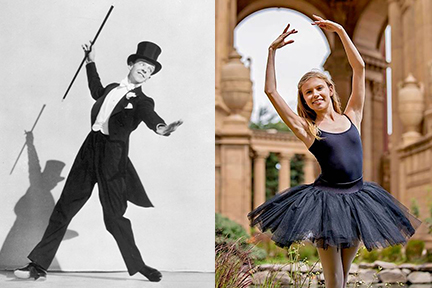  (above left) Mr. Fred Astaire, an American dancer, often regarded as the greatest popular music dancer of stage and film of all time. (above right) Ms. Jill Oates, UC Irvine dance student and inaugural recipient of the ASTAIREAWARDS™ scholarship and award for excellence in dance, choreography, and music. Photo by Christine Larsen.