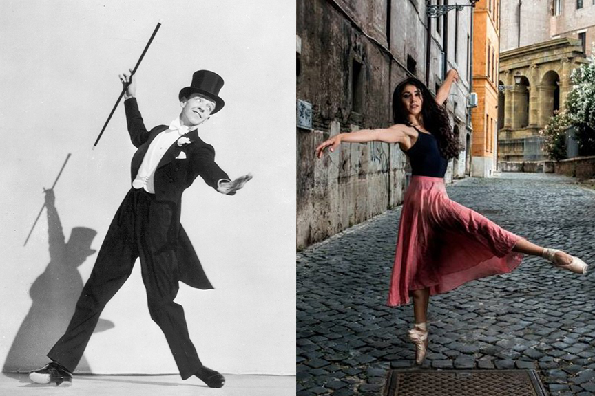 (above left) Mr. Fred Astaire, an American dancer, often regarded as the greatest popular music dancer of stage and film of all time. (above right) Ms. Laman Musayeva, a 2018 recipient of the ASTAIREAWARDS® scholarship, dances in the streets of Rome, Italy, 2017.