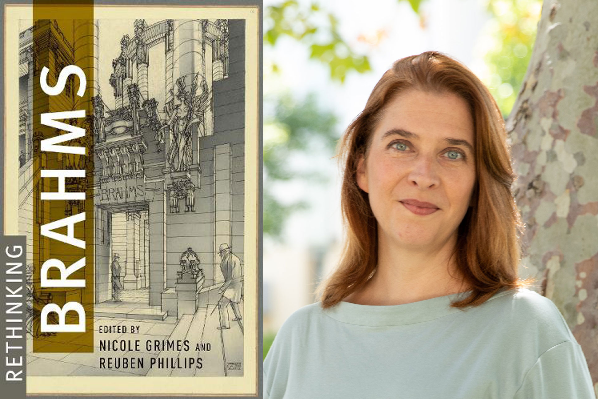 Rethinking Brahms cover (left). Nicole Grimes (right).