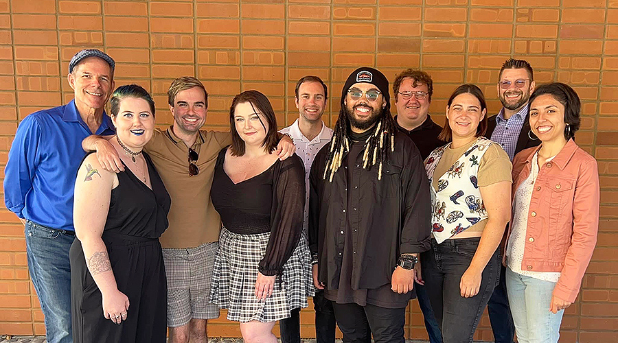 UCI M.F.A. candidates and graduates in the Department of Drama’s stage management specialization. (Left to right) Department Chair Don Hill, Bri Westad (’23), John Pinero (’23), Jessie Bender, Logan Brubaker, Sam Allen, Jake Arpaia (’23), Nicole Cortese, Vice Chair Joel Veenstra, Johanna Sophia Romo.