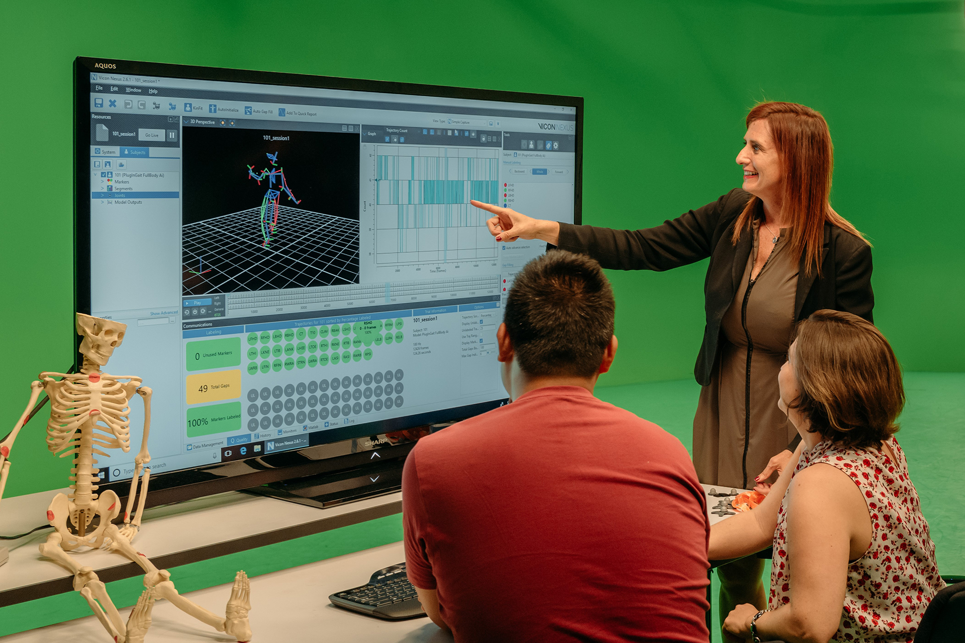 Dr. Kelli Sharp with students in the Motion Capture Studio at the UCI Claire Trevor School of the Arts in 2019.