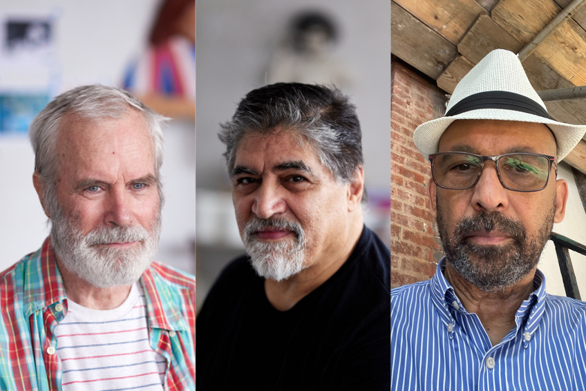 Three side-by-side portrait photos of older men: one with gray hair and a beard wearing a striped shirt and plaid overshirt, one with salt-and-pepper hair and beard in a dark shirt, and one wearing glasses and a white hat with a striped button-down, each photographed against different backgrounds.