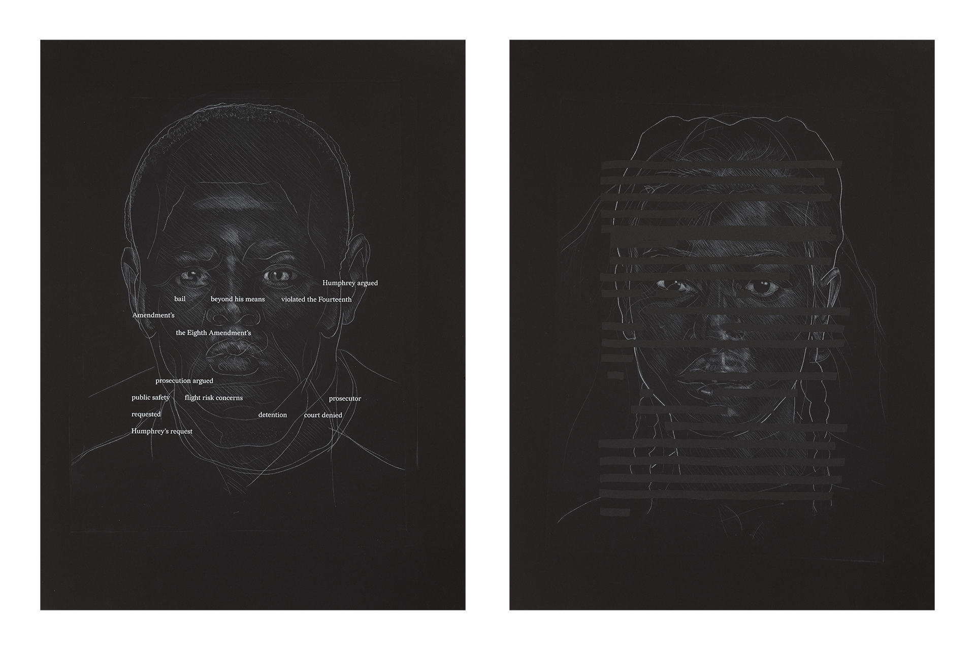 Titus Kaphar and Reginald Dwayne Betts, "Redaction (San Francisco)," 2020. Etching and silkscreen on paper. Courtesy of Titus Kaphar and Reginald Dwayne Betts.