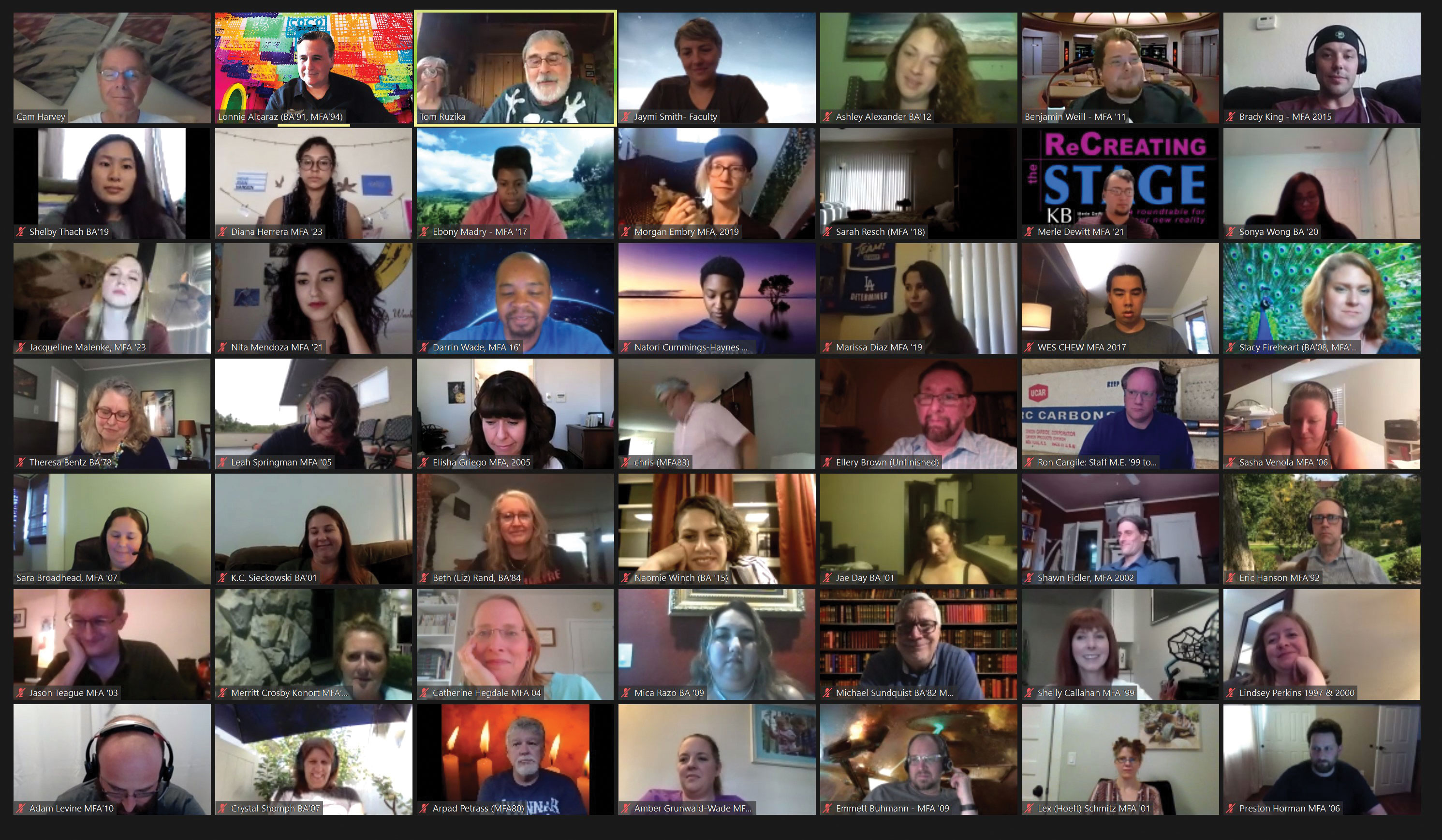 Screenshot from the UCI Lighting Designers reunion event via Zoom.