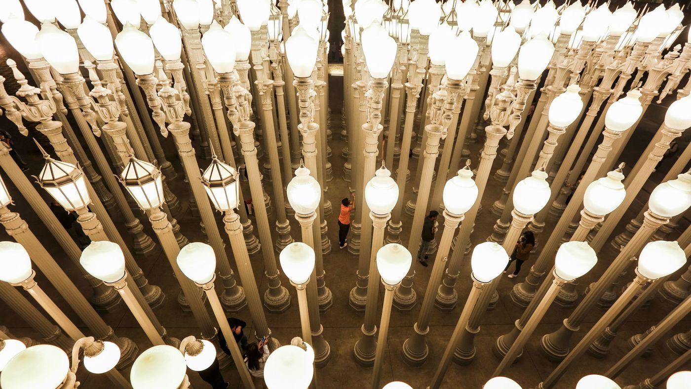 "Urban Light," a large-scale public art installation located at the Los Angeles County Museum of Art (LACMA). 