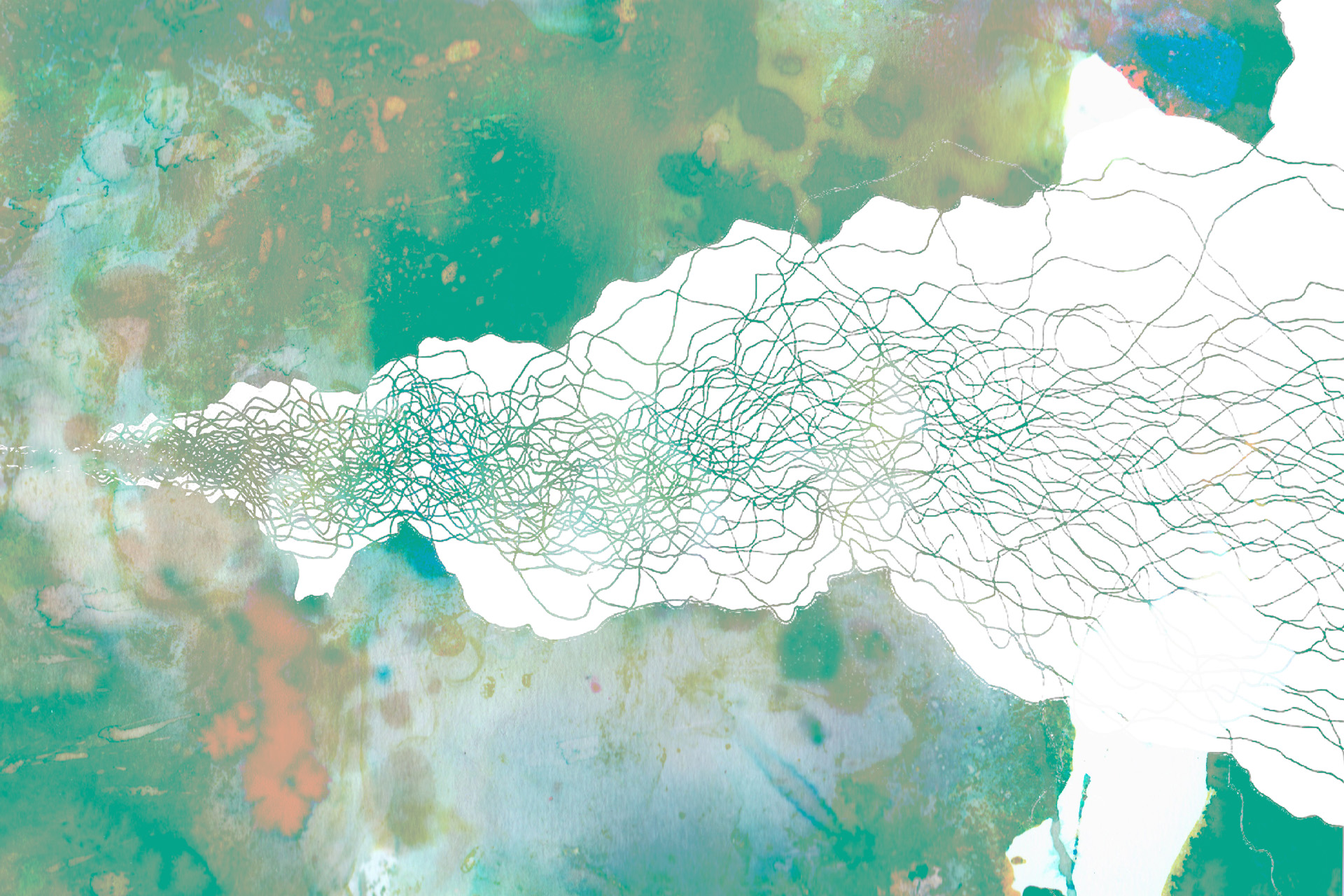 Abstract artwork with a white central shape crossed by a dense network of thin, branching green lines. The background blends soft teal, aqua, and hints of coral in a painterly wash.