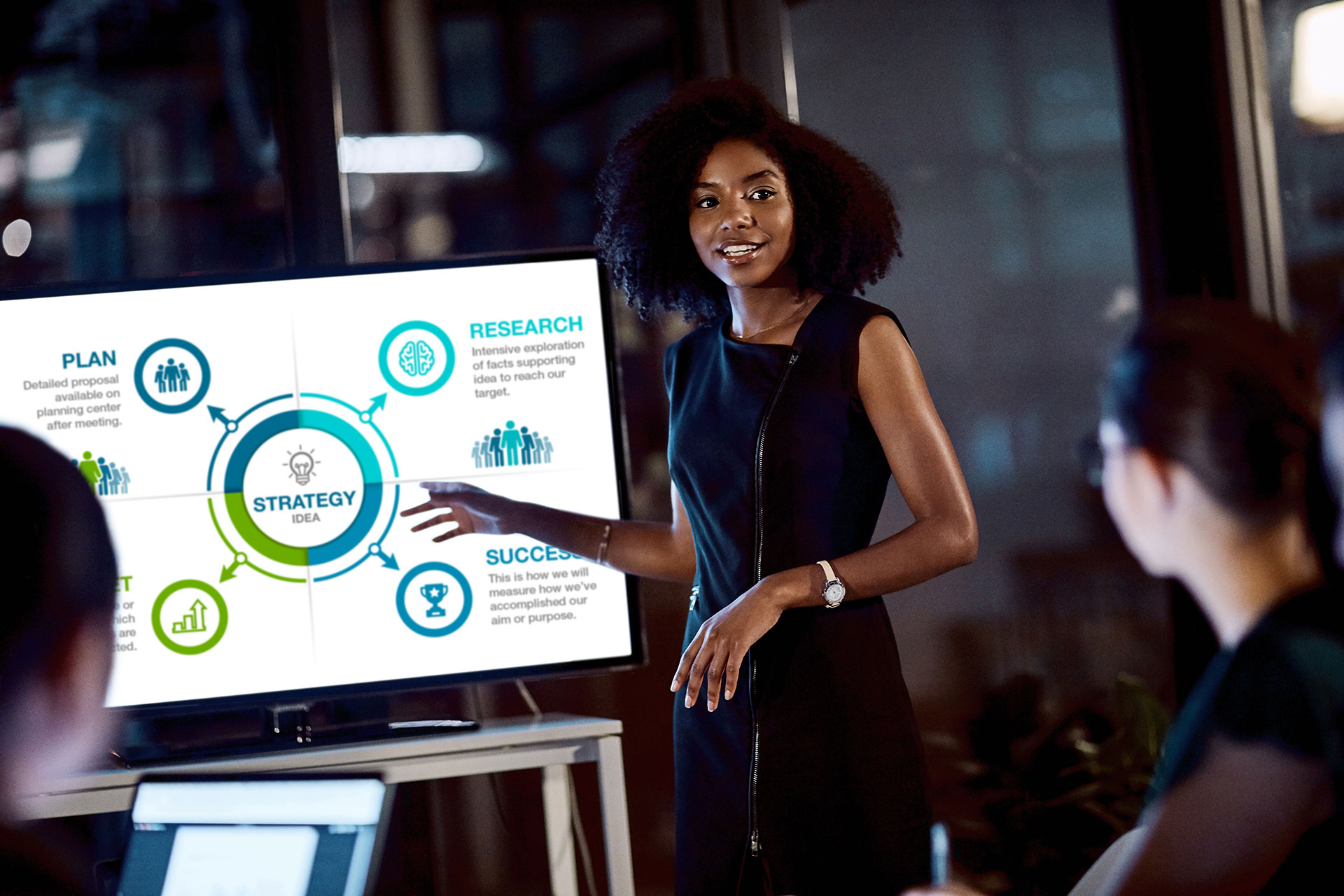 A person stands beside a large screen displaying a strategy diagram with labeled sections including “Plan,” “Research,” “Strategy,” and “Success.” They point toward the center of the graphic while speaking to two seated people in the foreground. The room is dimly lit with the presentation screen providing most of the light.