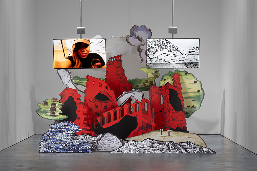 Danielle Dean, True Red Ruin (Elmina Castle), 2018, Two-channel video installation, color, sound, 9 min 39 sec, die cut digital prints on cardboards, Courtesy of Patrick Collins and Liv Barrett. Photo by Yubo Dong. 