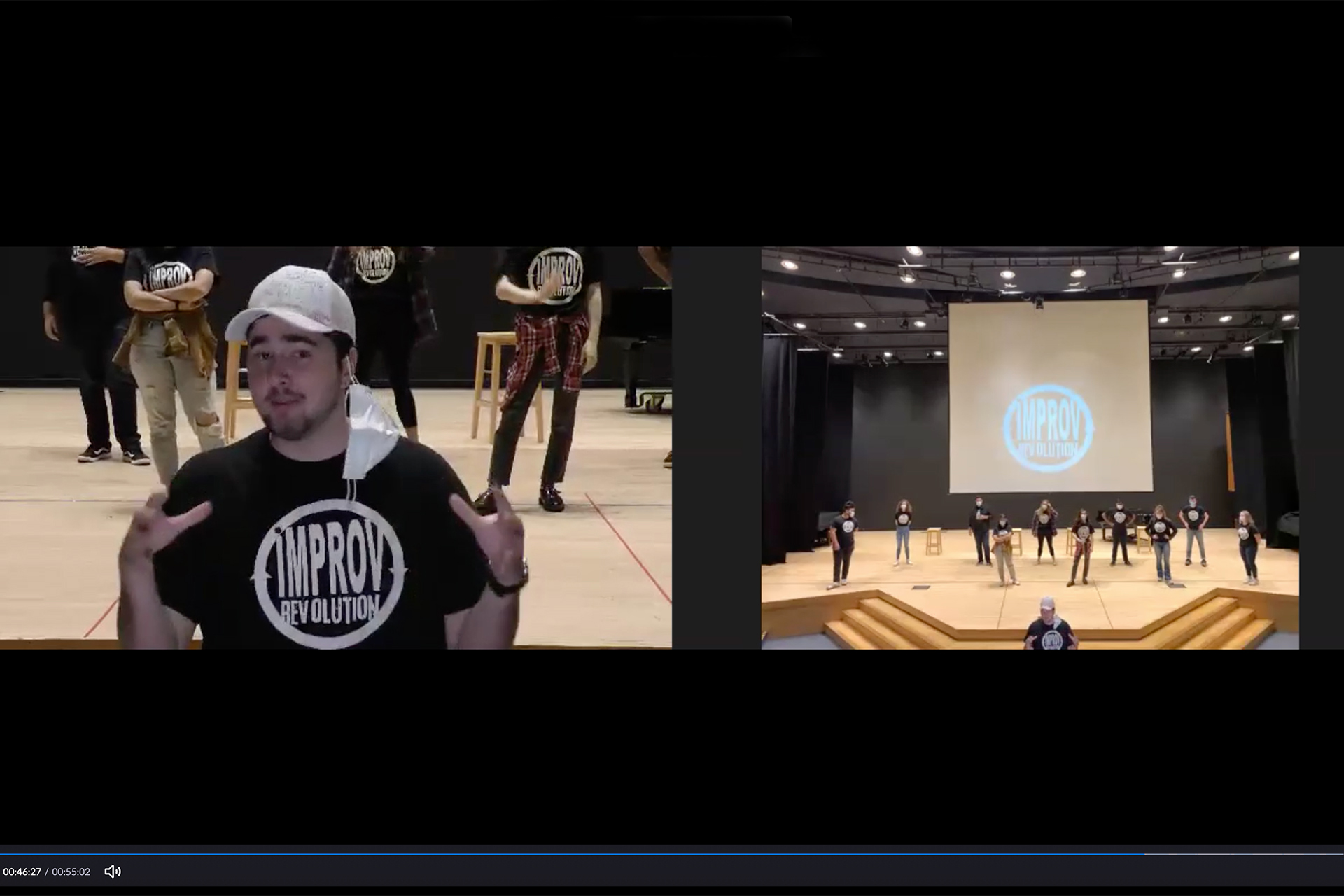 Screenshot from UCI's Improv Revolution (iRev) improvisational performance "Showel Veenstra," inspired by mentor and founder Joel Veenstra.