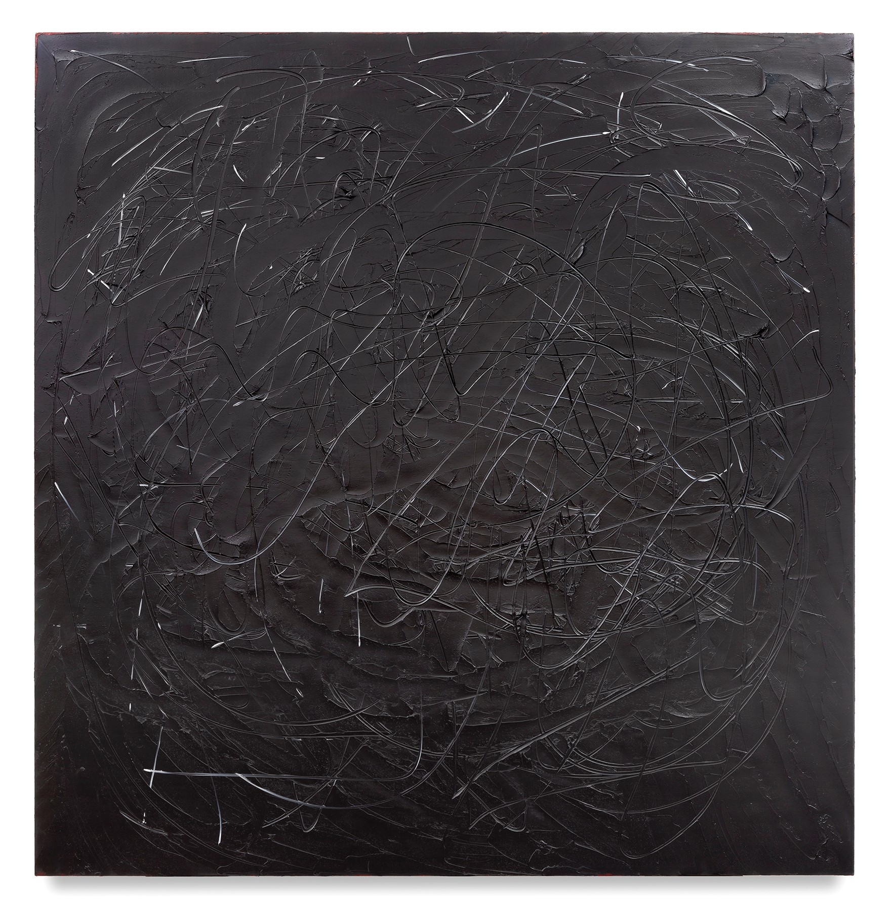 Large abstract painting in dark charcoal tones, covered with layered, swirling scratch-like lines across the surface. The textured marks create a dense, circular composition against the nearly black background.