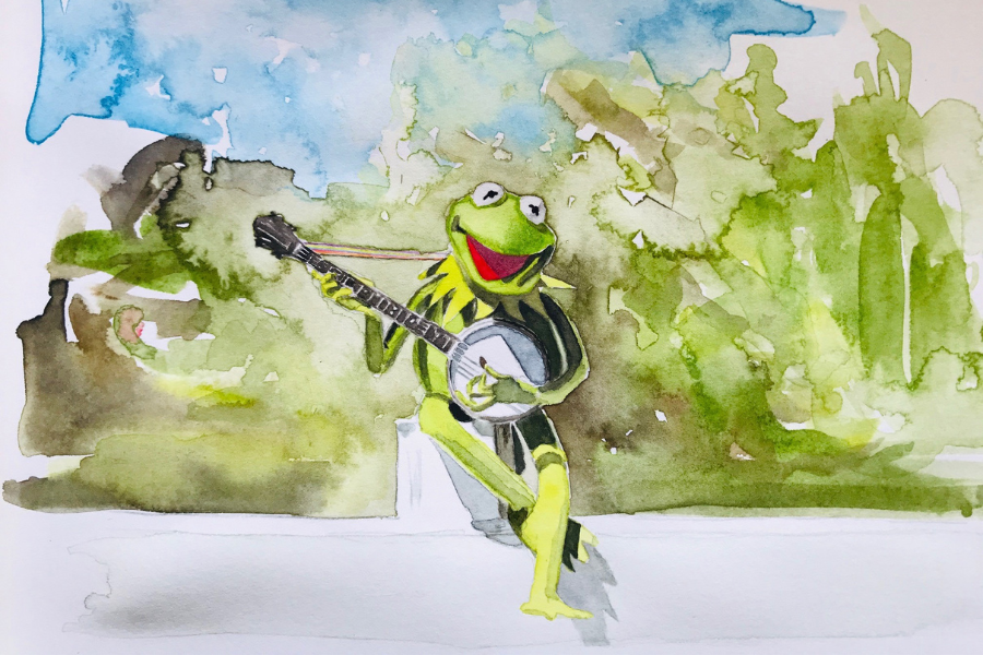 Watercolor painting of Kermit the Frog playing the banjo.