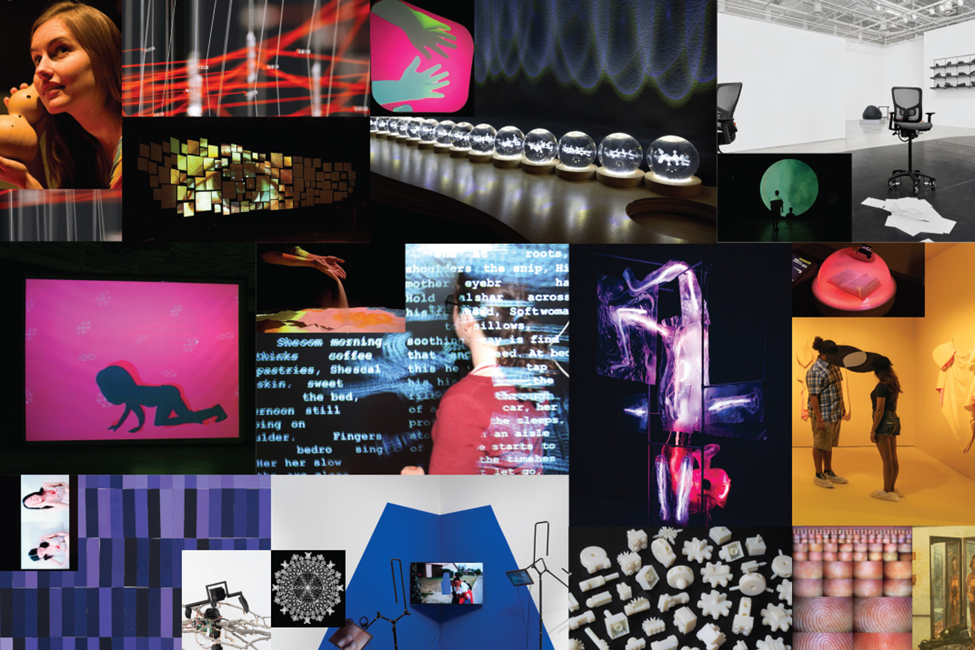 Collage of contemporary art installations and digital media works at UCI Beall Center for Art + Technology, including projections, sculptures, interactive displays, abstract visuals, and people engaging with artworks in gallery spaces. 2000-2024.