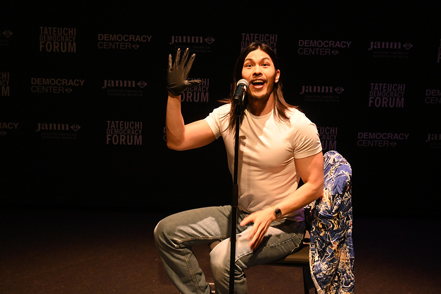 Kurt Sanchez Kanazawa performing L'OPERA at the Democracy Center. Photo by Doug Mukai