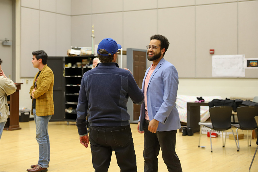 Eli Simon and Evan Lugo during Noises Off rehearsal. Photo by Diana Kalaji