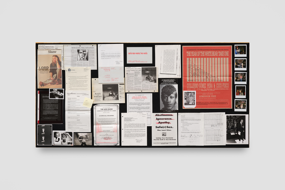 Image: “The Inoperative Community: Exhibition X Practice, UCI 1965–2025,” curated by Juli Carson, Kevin Appel, and Sasha Ussef. Site One: Catherine Lord, presented in a vitrine. (Photos courtesy of UC Irvine Special Collections, © UC Regents)