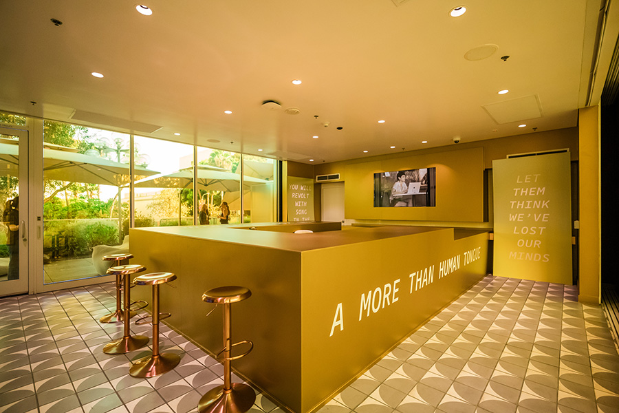 Image: Lauren Lee McCarthy and Kyle McDonald, installation view of A More Than Human Tongue, featuring Voice in My Head and One Who Looks at the Cup. Exhibition Design by Lauren Lee McCarthy. Music Center LA, 2024. Photo by Will Tee Yang for The Music Center. 
