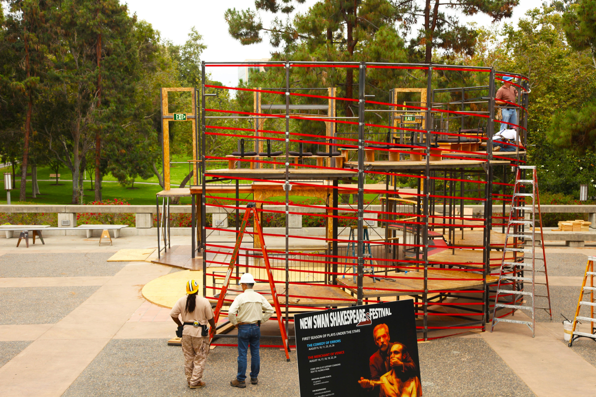 The Claire Trevor School of the Arts production team constructs the New Swan Theater for its 2012 inaugural season at UC Irvine. (Photo courtesy of UC Irvine, © UC Regents)