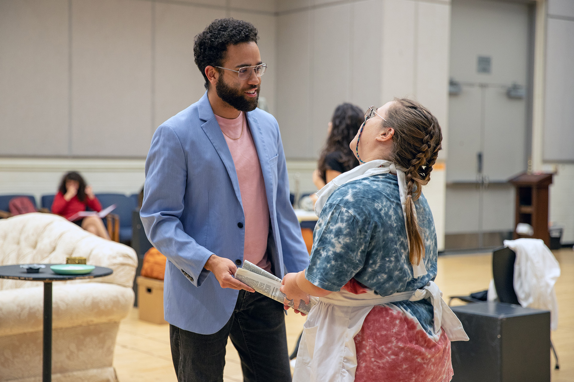 Image: (left) Evan Lugo during Noises Off rehearsal. Photo by Diana Kalaji