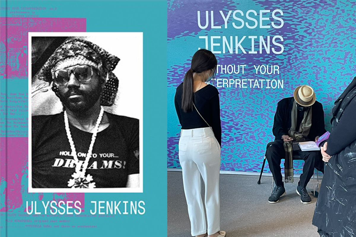 Image: (left) The cover of Ulysses Jenkins: Without Your Interpretation, edited by Erin Christovale and Meg Onli, with contributions by Ulysses Jenkins and a foreword by Anne Philbin. (right) Jenkins signing a copy of the catalogue for a museum visitor at the Hammer Museum in 2022.