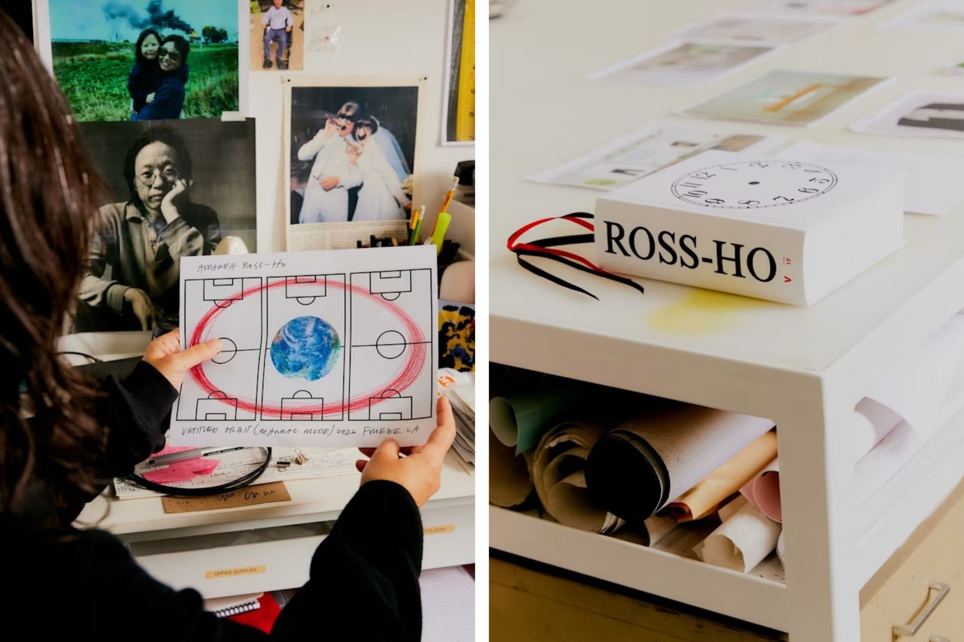 Amanda Ross-Ho reviews a hand-drawn concept sketch at a desk filled with photographs and personal references, while nearby a publication titled “ROSS-HO” rests on a table with neatly stored materials beneath, suggesting an artist’s research and studio practice environment.