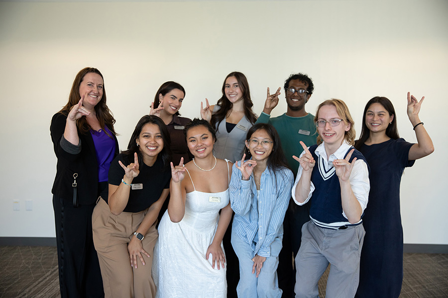 Image: (left to right) Megan Belmonte and Kaysie José with UCI Arts students participating in the Arts Launch Internship. Photo by Emily Zheng.