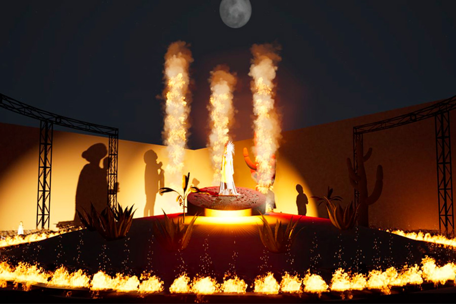 A digital rendering titled "Séance: The Children" shows a robed figure standing on a circular stone altar ringed by fire, with three columns of flame, desert plants and a full moon in a dark sky.