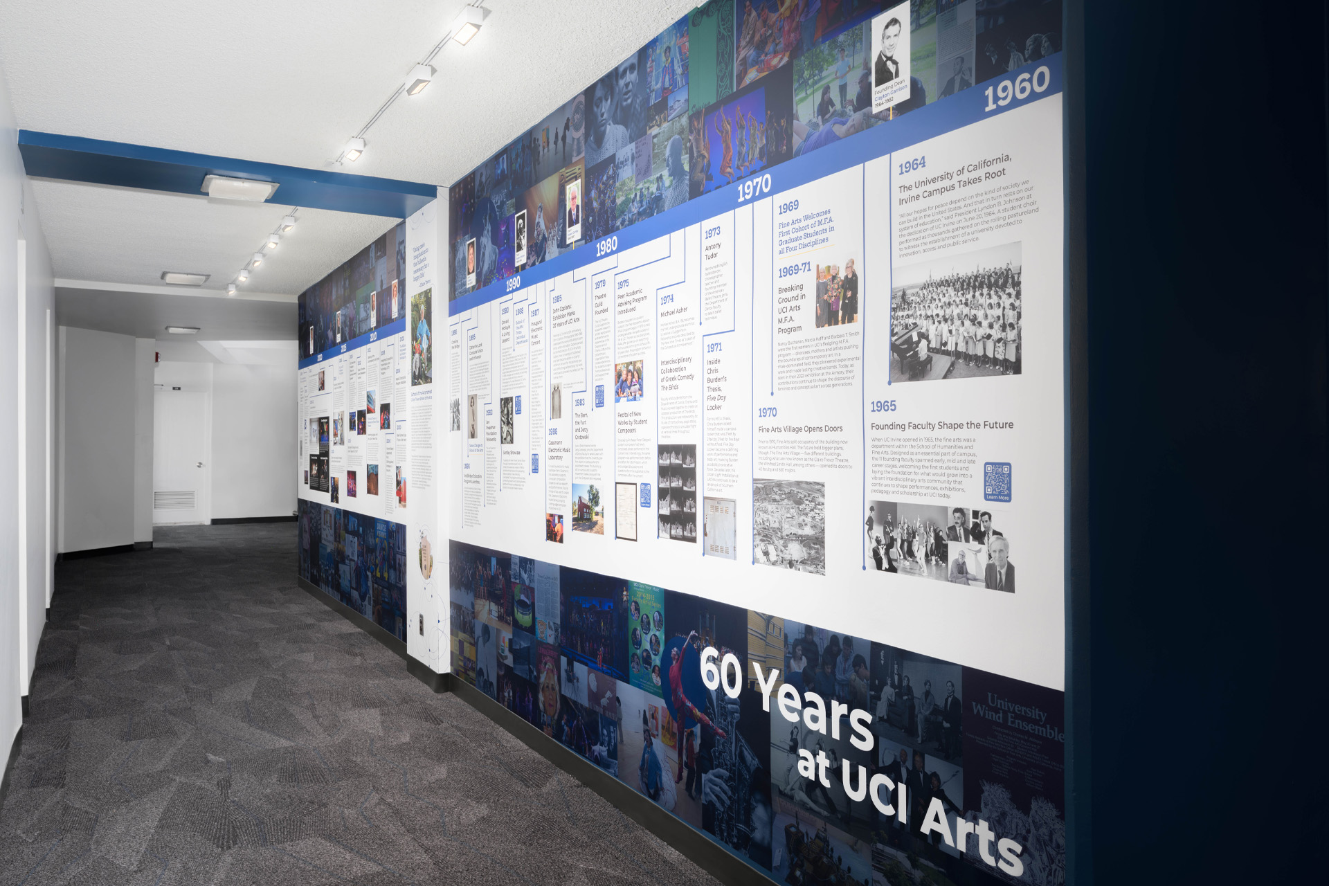 A long timeline wall wrapping a corridor, tracing UCI Arts history from 1960 to the present in blue and white panels, with "60 Years at UCI Arts" in large type across a photo collage at the base.