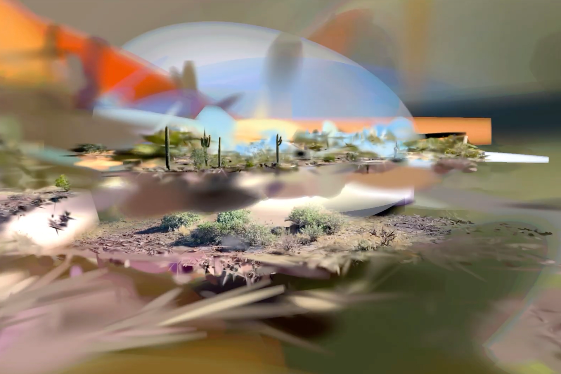A desert landscape with saguaro cacti and low shrubs appears layered with translucent, overlapping abstract forms in muted pink, orange, blue and green tones.