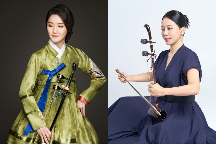 Side-by-side portraits of Eunah Noh and Soo Yeon Lyuh holding haegeums, the Korean two-string fiddle. On the left, Noh wears a green and blue hanbok against a dark backdrop. On the right, Lyuh sits in a navy dress, bowing her instrument against a light backdrop.