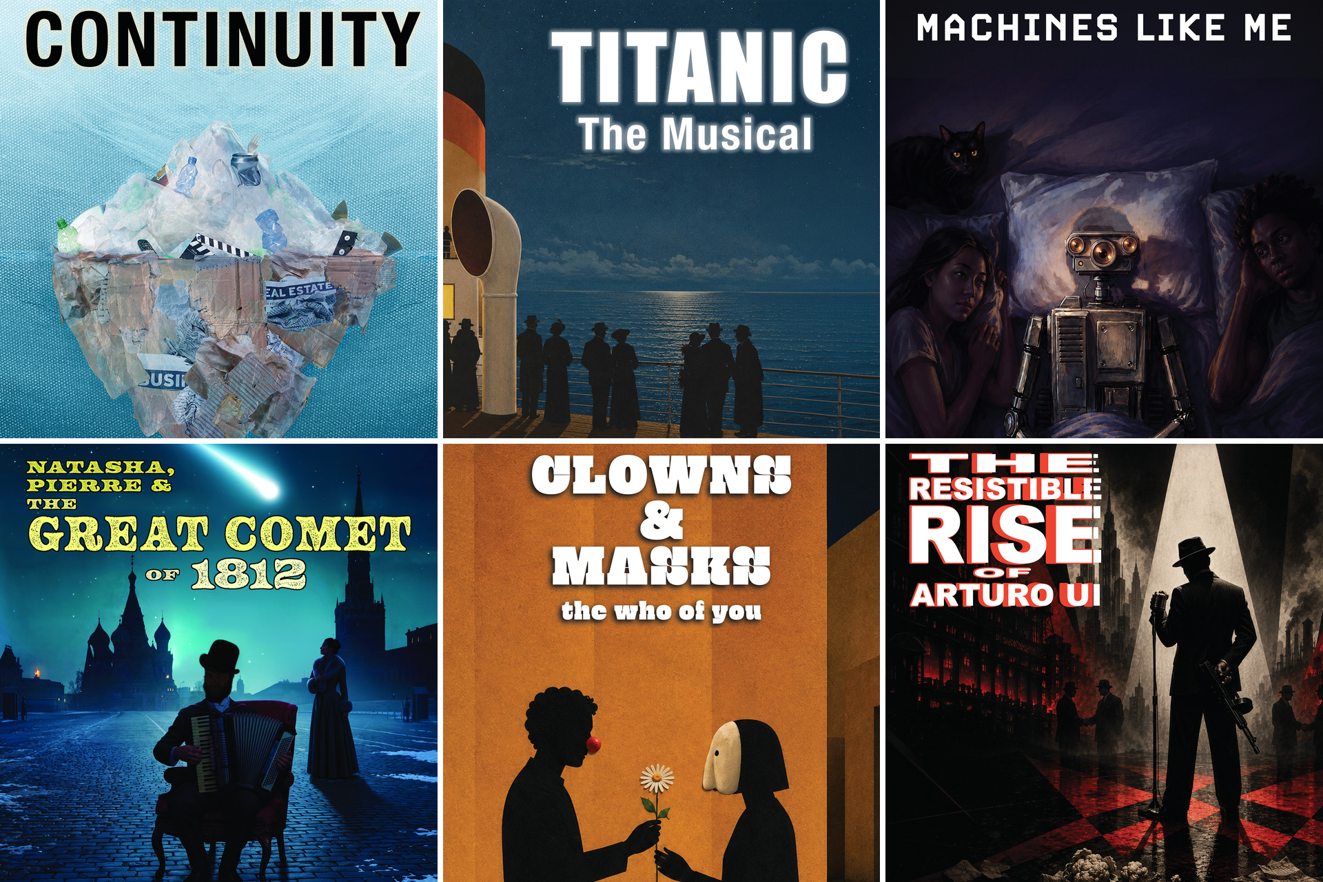 Six-panel graphic announcing the UCI Drama 2026-27 season, showing the key art and title for each production: Continuity, Titanic: The Musical, Machines Like Me, Natasha, Pierre & The Great Comet of 1812, Clowns & Masks: the who of you and The Resistible Rise of Arturo Ui.